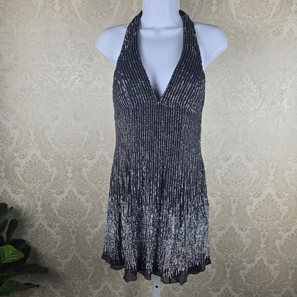 BASIX II Dresses & Skirts - BASIX II Sz 4 100% Silk Gray Halter Dress Silver Sequin Embellishment Open Back